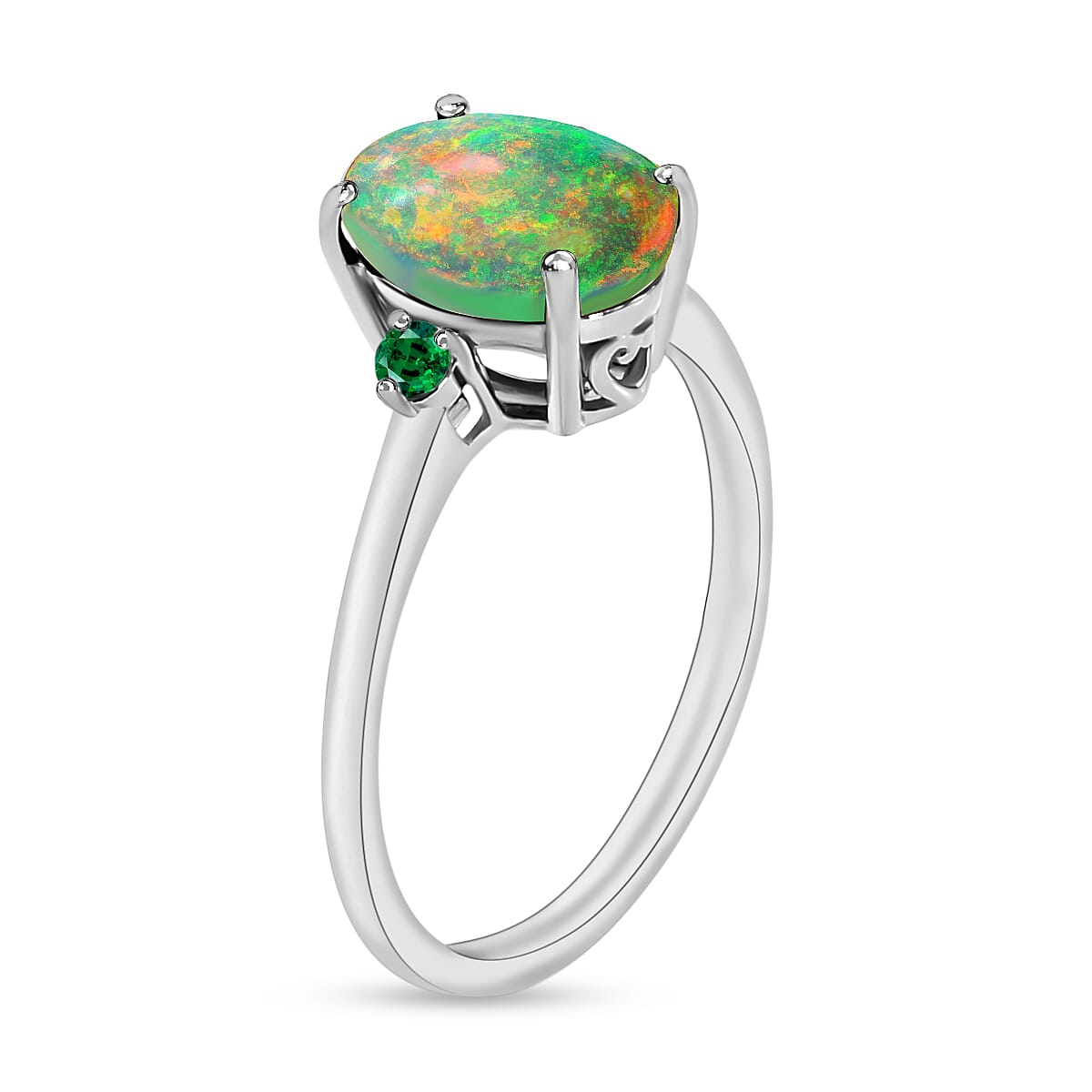Rhapsody 950 Platinum AAAA Ethiopian Welo Opal and Boyaca Colombian Emerald Ring (Size 8.0) 5.50 Grams 1.30 ctw image number 1