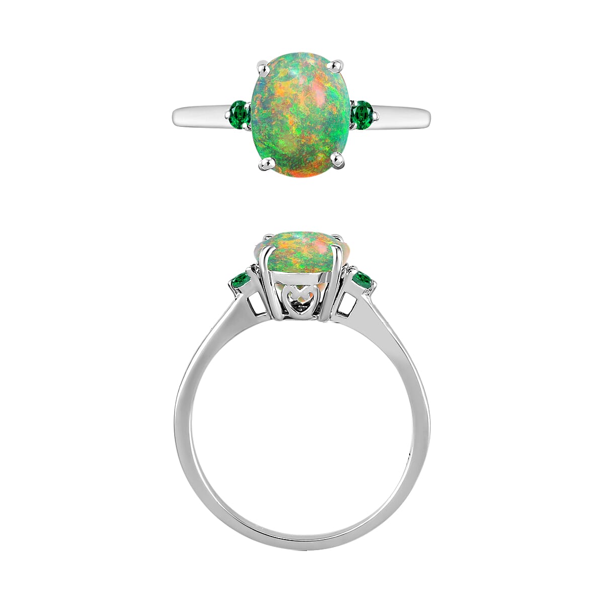Rhapsody 950 Platinum AAAA Ethiopian Welo Opal and Boyaca Colombian Emerald Ring (Size 8.0) 5.50 Grams 1.30 ctw image number 2