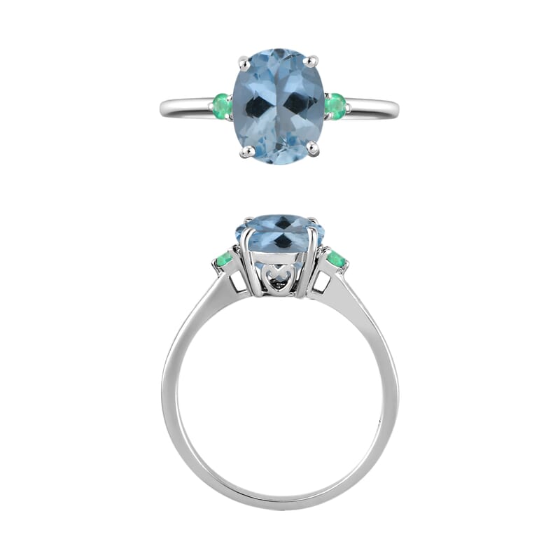 Luxoro 14K White Gold Premium Mangoro Aquamarine and Boyaca Colombian Emerald Ring (Size 4.0) 4 Grams 1.90 ctw