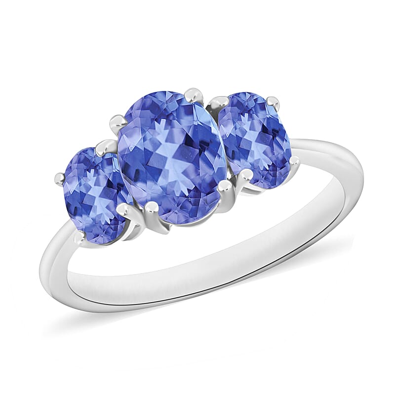 Tanzanite 3 Stone Ring in Platinum Over Sterling Silver (Size 4.0) 2.30 ctw