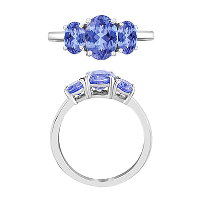 Tanzanite 3 Stone Ring in Platinum Over Sterling Silver (Size 4.0) 2.30 ctw
