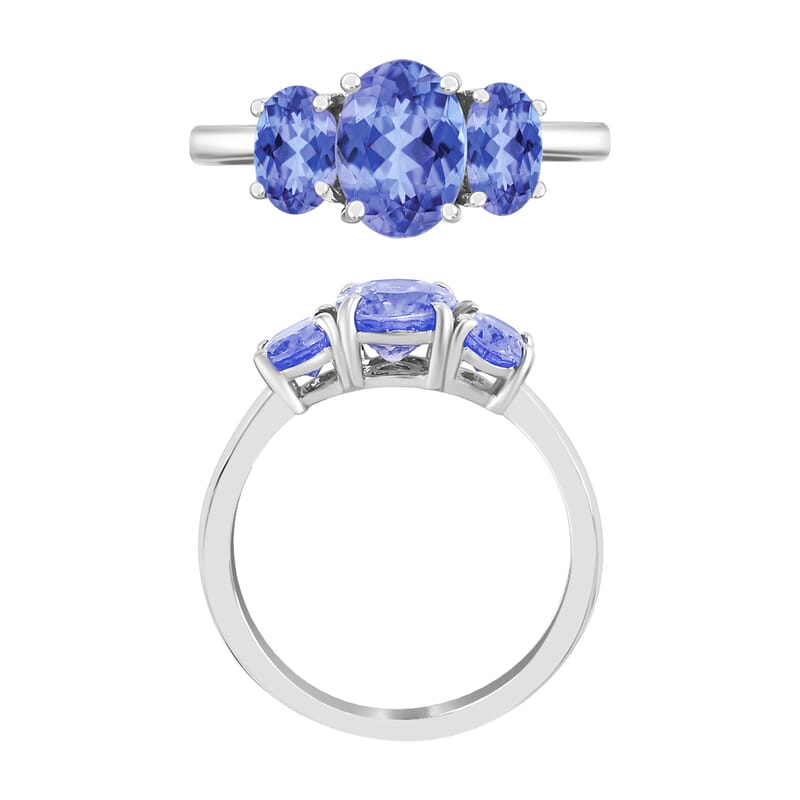 Tanzanite 3 Stone Ring in Platinum Over Sterling Silver (Size 4.0) 2.30 ctw