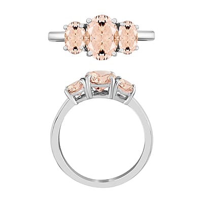 D'Joy Marropino Morganite 3 Stone Ring in Platinum Over Sterling Silver (Size 6.5) 2.20 ctw