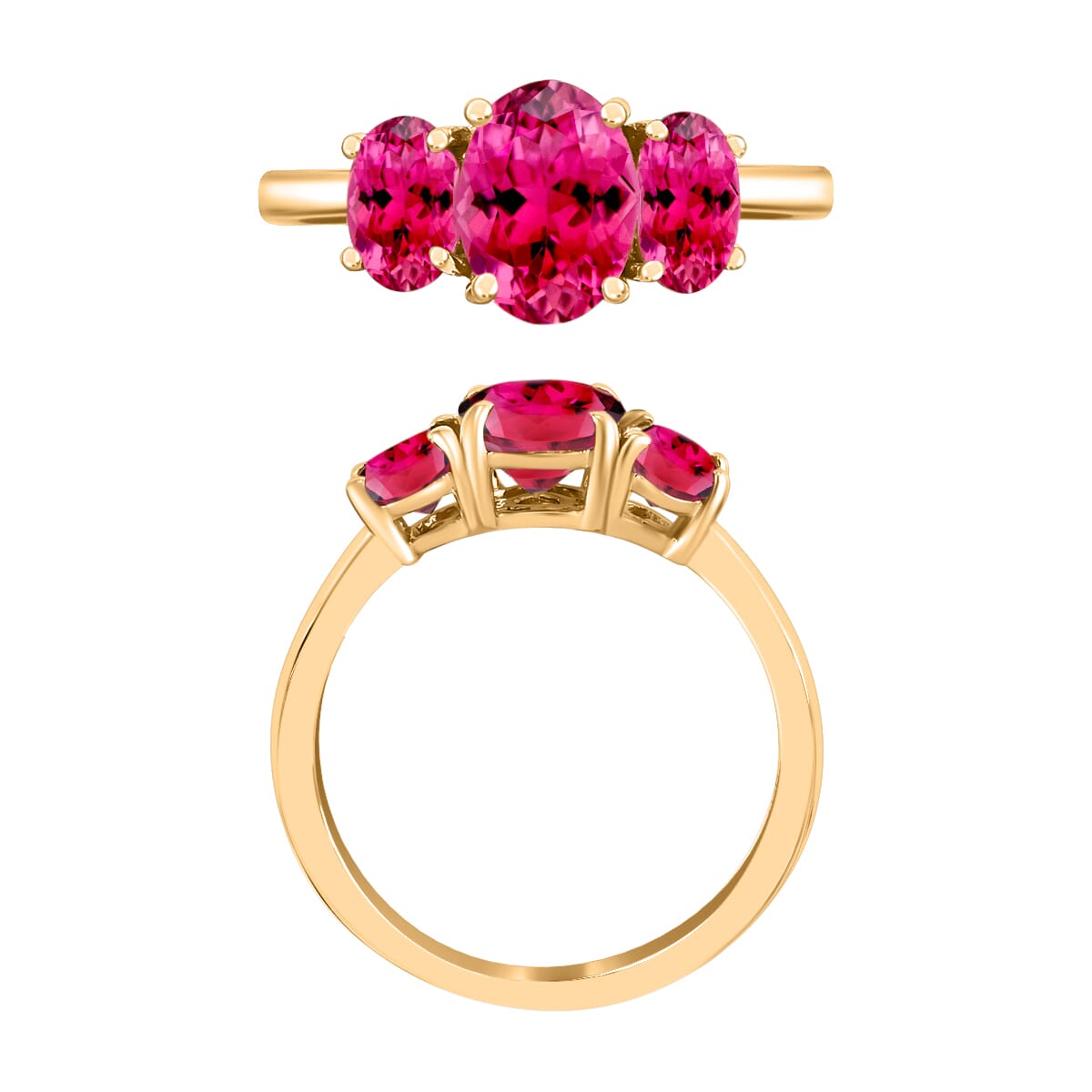 Ouro Fino Rubellite 2.60 ctw 3 Stone Ring in Vermeil Yellow Gold Over Sterling Silver (Size 5.0) image number 3