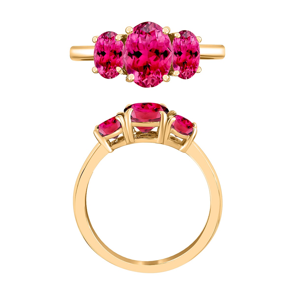 Ouro Fino Rubellite 2.60 ctw 3 Stone Ring in Vermeil Yellow Gold Over Sterling Silver (Size 5.5) image number 3