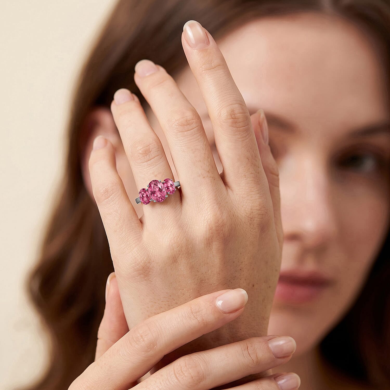 Luxoro Premium Ouro Fino Rubellite 2.60 ctw 3 Stone Ring in 14K White Gold (Size 4.0) 4 Grams