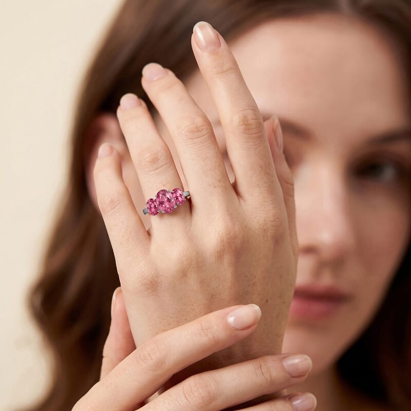 Luxoro Premium Ouro Fino Rubellite 2.60 ctw 3 Stone Ring in 14K White Gold (Size 4.0) 4 Grams
