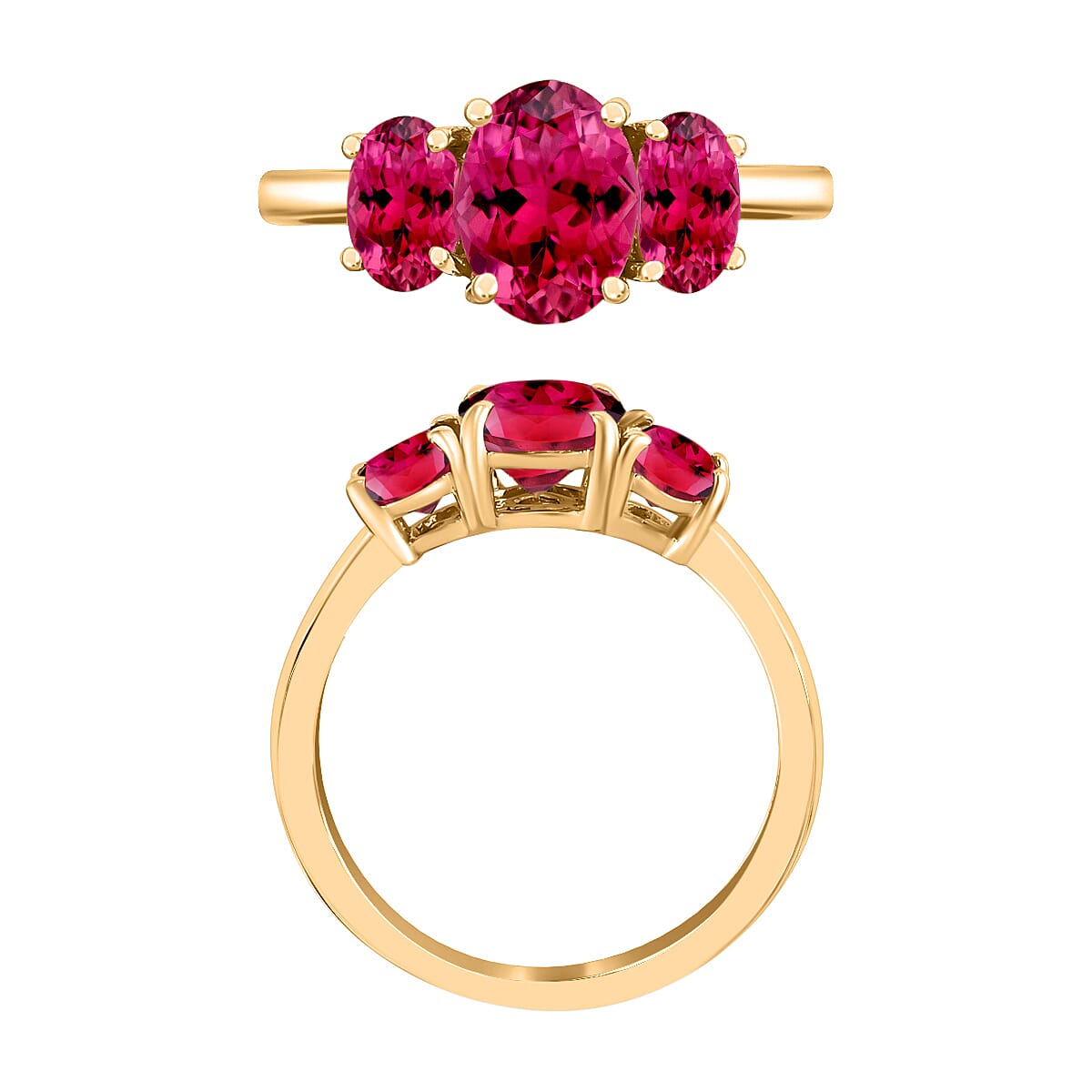 Luxoro Premium Ouro Fino Rubellite 2.60 ctw 3 Stone Ring in 14K Yellow Gold (Size 5.5) 4 Grams (Del. in 10-12 Days) image number 3