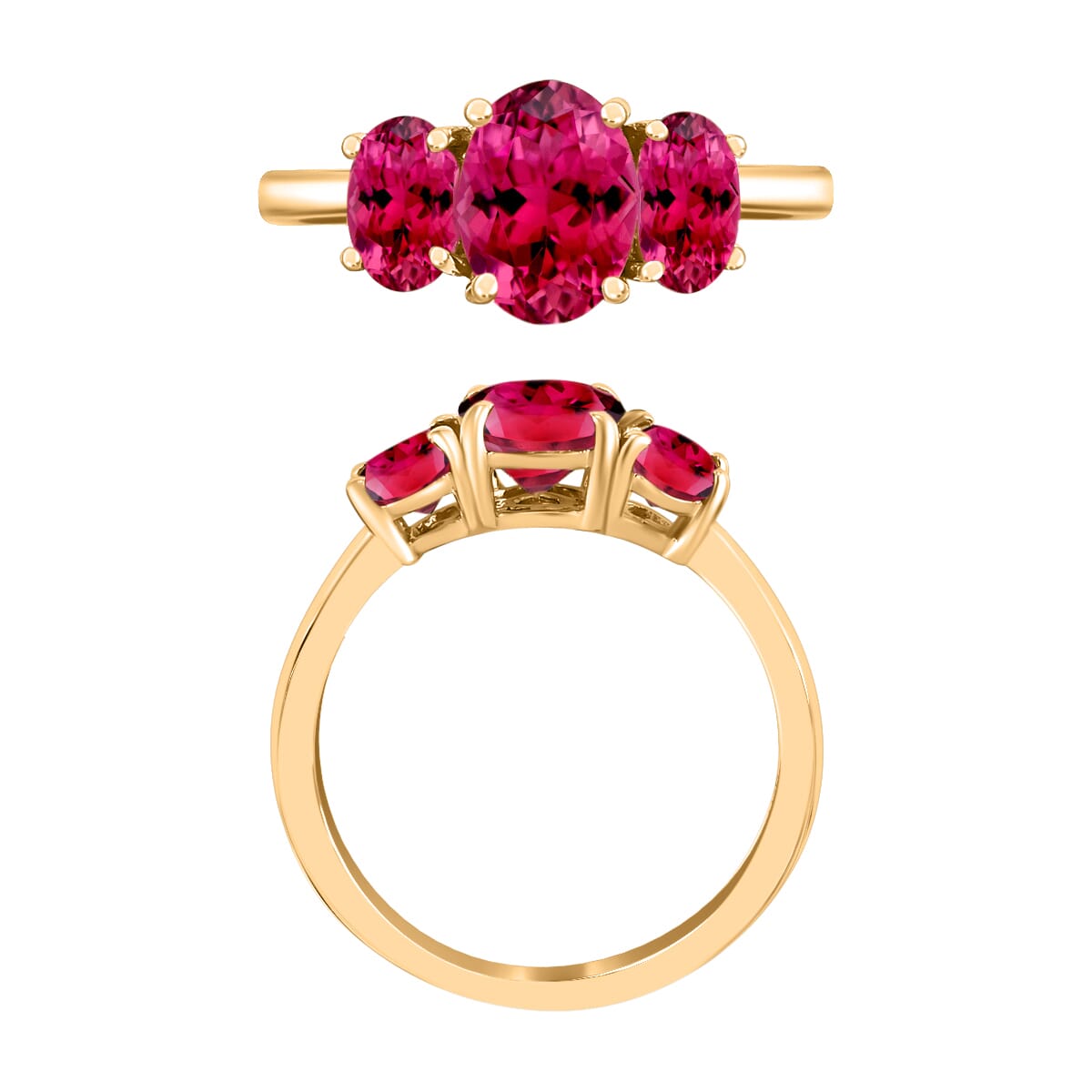 Luxoro Premium Ouro Fino Rubellite 2.60 ctw 3 Stone Ring in 14K Yellow Gold (Size 11.5) 4 Grams image number 3