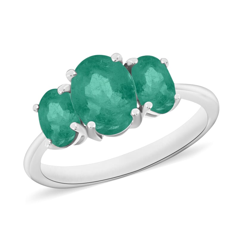 Kagem Zambian Emerald 3 Stone Ring in Platinum Over Sterling Silver (Size 4.0) 2.10 ctw