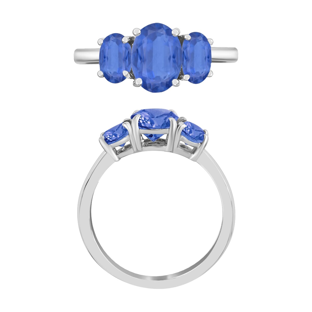 D'Joy Kanchanaburi Blue Sapphire 3 Stone Ring in Platinum Over Sterling Silver (Size 4) 2.60 ctw image number 3