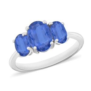 D'Joy Kanchanaburi Blue Sapphire 3 Stone Ring in Platinum Over Sterling Silver (Size 7.5) 2.60 ctw