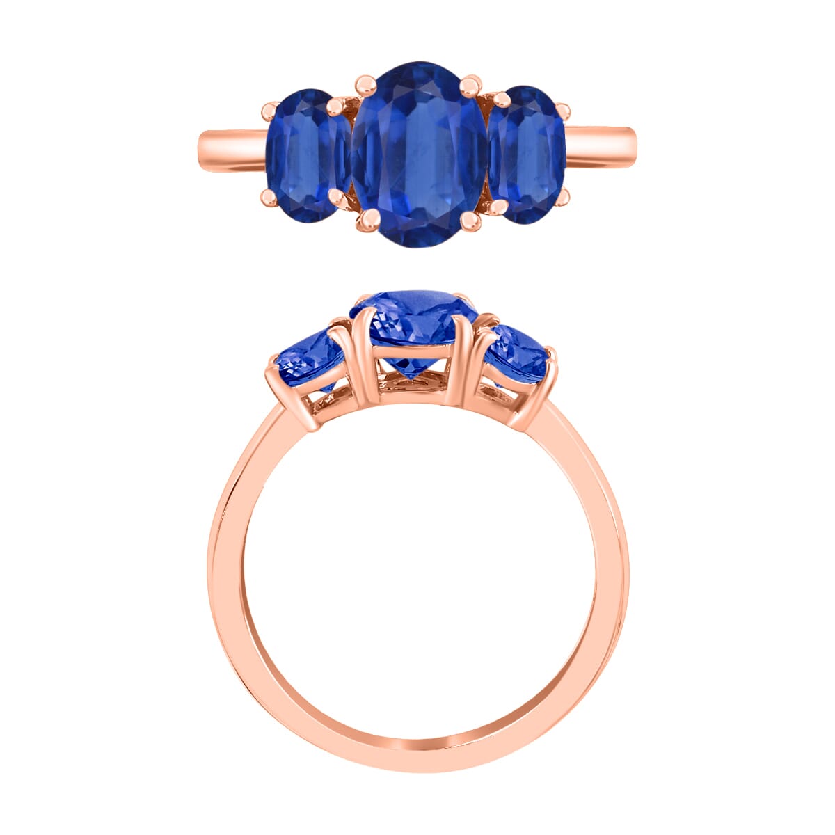Luxoro Premium Kanchanaburi Blue Sapphire 3 Stone Ring in 14K Rose Gold (Size 5.5) 2.60 ctw image number 3