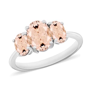 D'Joy Pink Morganite 3 Stone Ring in Platinum Over Sterling Silver (Size 6.5) 2.32 ctw