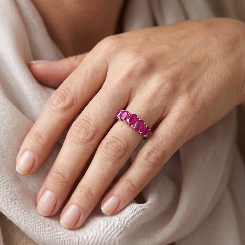 D'Joy Premium Mozambique Ruby 3.00 ctw 5 Stone Ring in Platinum Over Sterling Silver (Size 4.0)