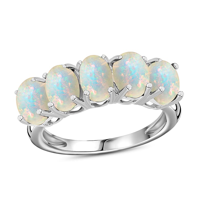 D'Joy Ethiopian Welo Opal 5 Stone Ring in Platinum Over Sterling Silver  1.50 ctw (Size 7.5)
