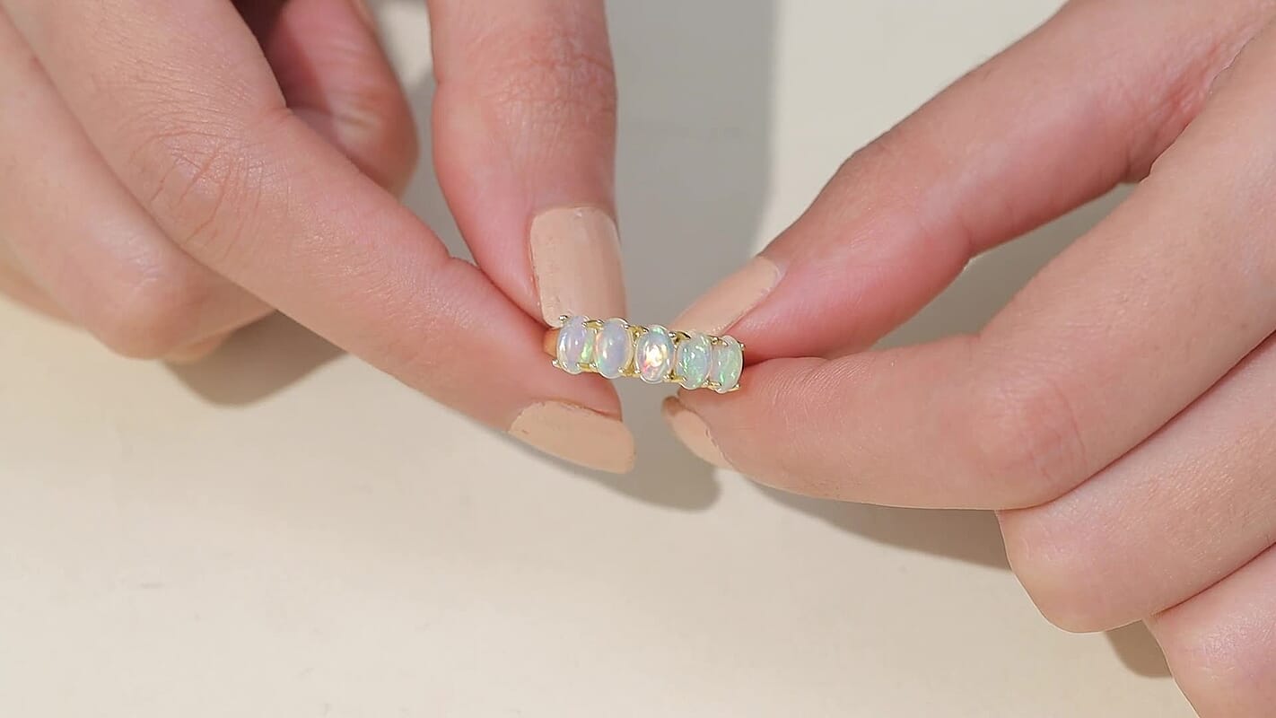 Premium Ethiopian Welo Opal 5 Stone Ring in Platinum Over Sterling Silver (Size 4) 1.50 ctw
