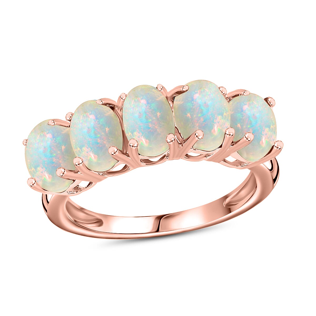 Premium Ethiopian Welo Opal 5 Stone Ring in Vermeil Rose Gold Over Sterling Silver (Size 11.0) 1.50 ctw