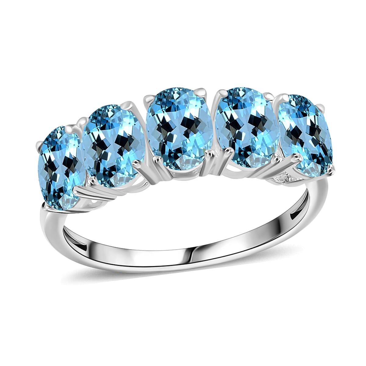 Rhapsody 950 Platinum AAAA Santa Maria Aquamarine 5 Stone Ring (Size 4.0) 5.50 Grams 4.15 ctw image number 0