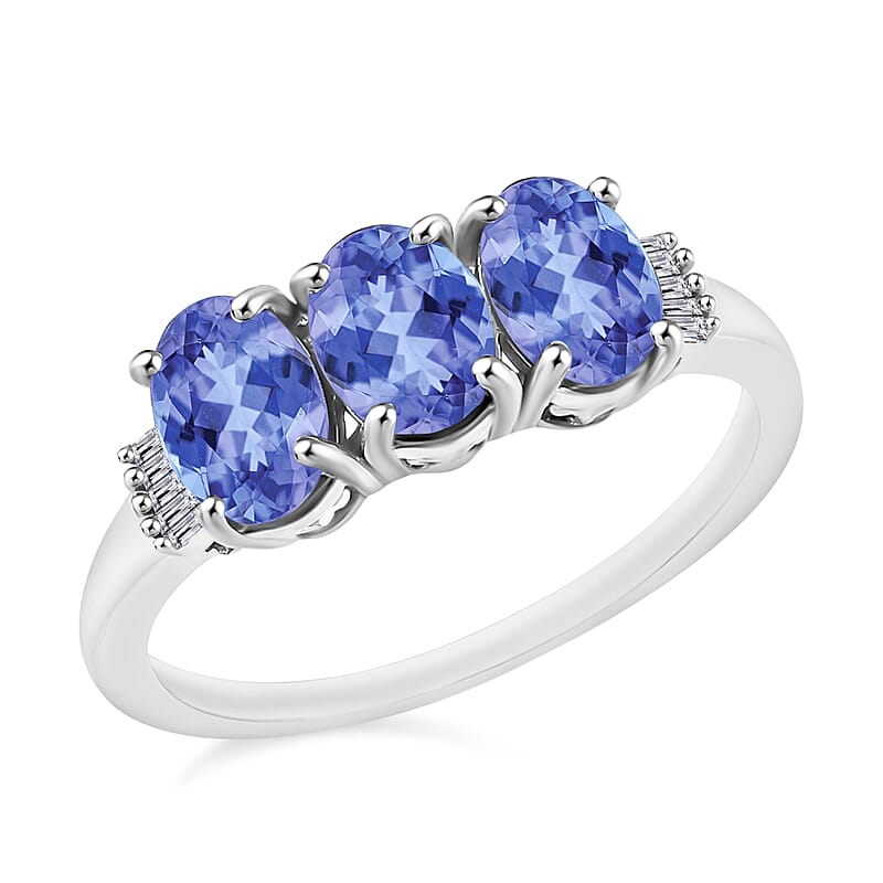 Tanzanite and Diamond 2.50 ctw 3 Stone Ring in Platinum Over Sterling Silver (Size  4.0)