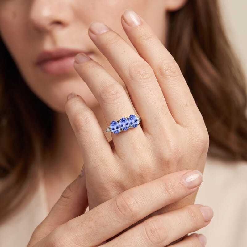 Tanzanite and Diamond 2.50 ctw 3 Stone Ring in Platinum Over Sterling Silver (Size  4.0)