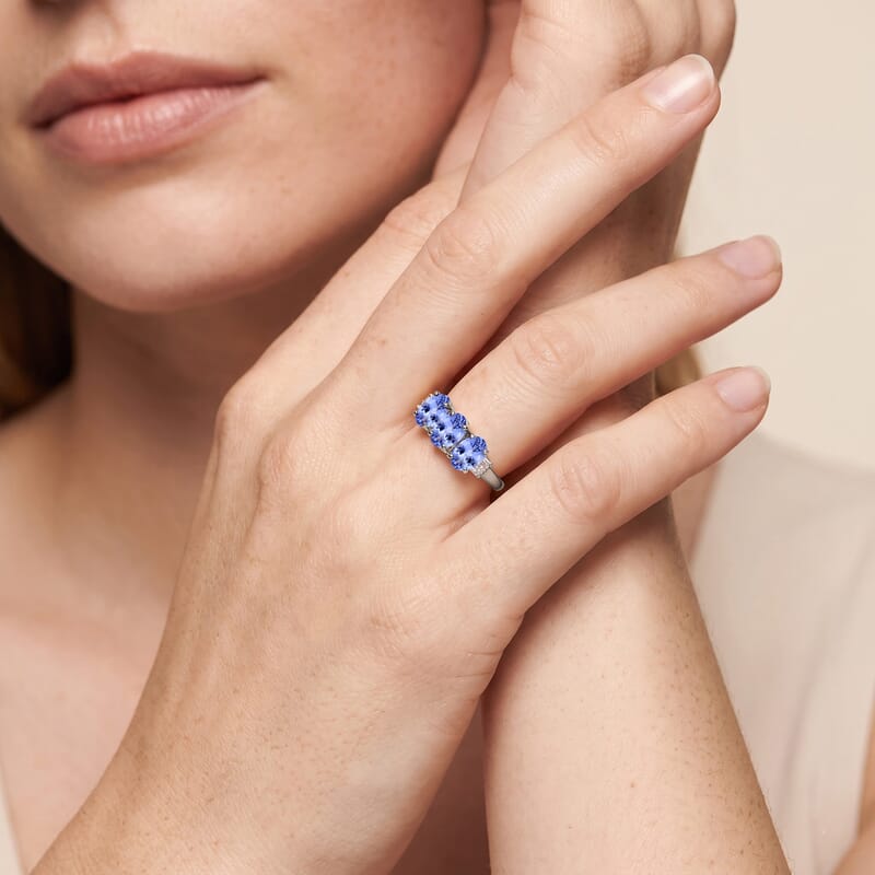 Tanzanite and Diamond 2.50 ctw 3 Stone Ring in Platinum Over Sterling Silver (Size  4.0)