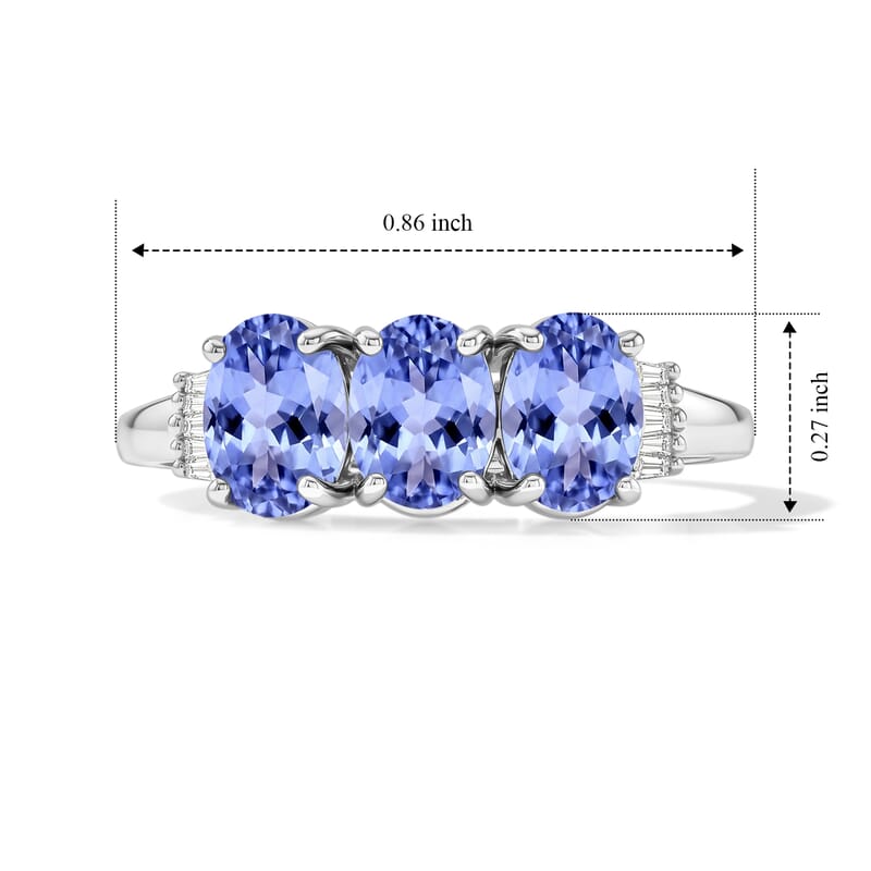 Tanzanite and Diamond 2.50 ctw 3 Stone Ring in Platinum Over Sterling Silver (Size  4.0)