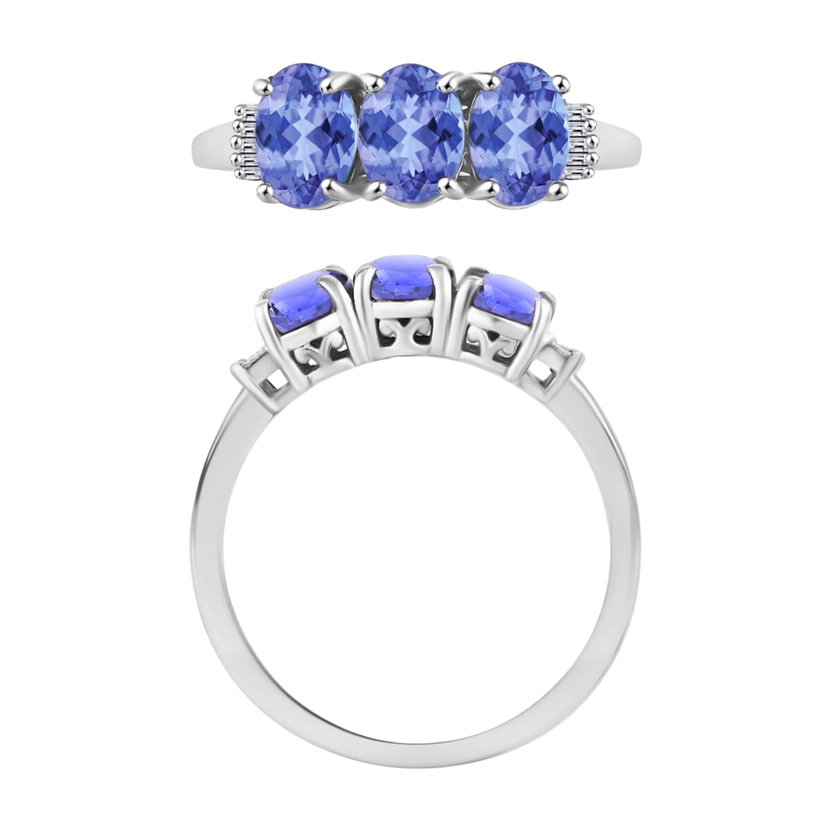 Tanzanite and Diamond 2.50 ctw 3 Stone Ring in Platinum Over Sterling Silver (Size  7.0) image number 3
