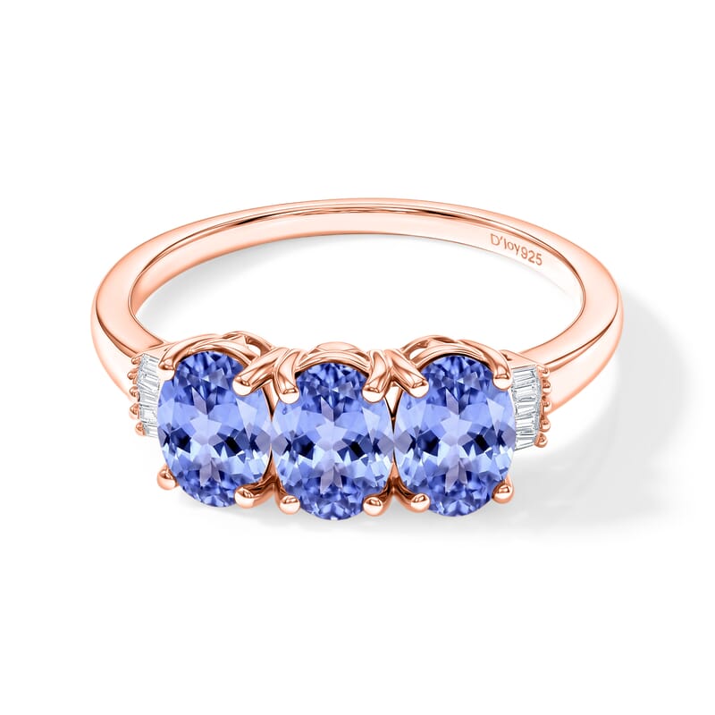 Tanzanite and Diamond 2.50 ctw 3 Stone Ring in Vermeil Rose Gold Over Sterling Silver (Size  8.5)