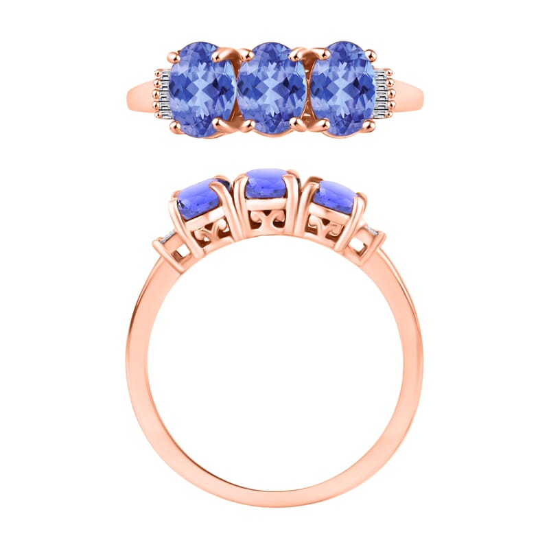 Tanzanite and Diamond 2.50 ctw 3 Stone Ring in Vermeil Rose Gold Over Sterling Silver (Size  8.5)