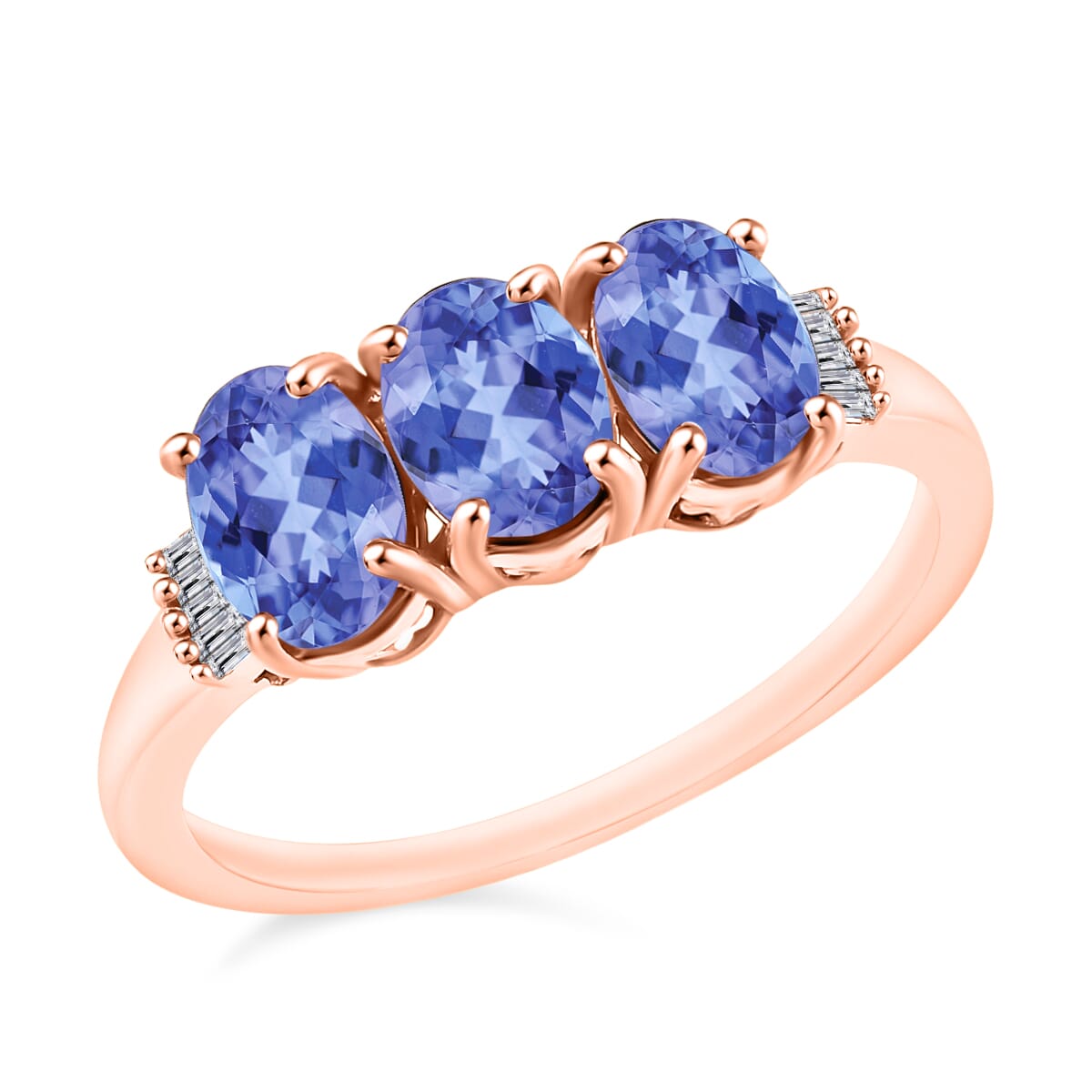 Tanzanite and Diamond 2.50 ctw 3 Stone Ring in Vermeil Rose Gold Over Sterling Silver (Size  9.0) image number 0