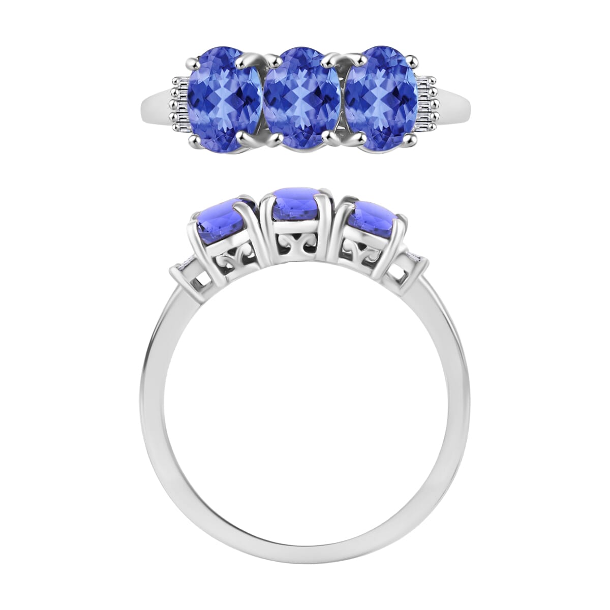 Premium Tanzanite and G-H I2 Diamond 2.50 ctw 3 Stone Ring in 14K White Gold (Size  11.5) image number 3
