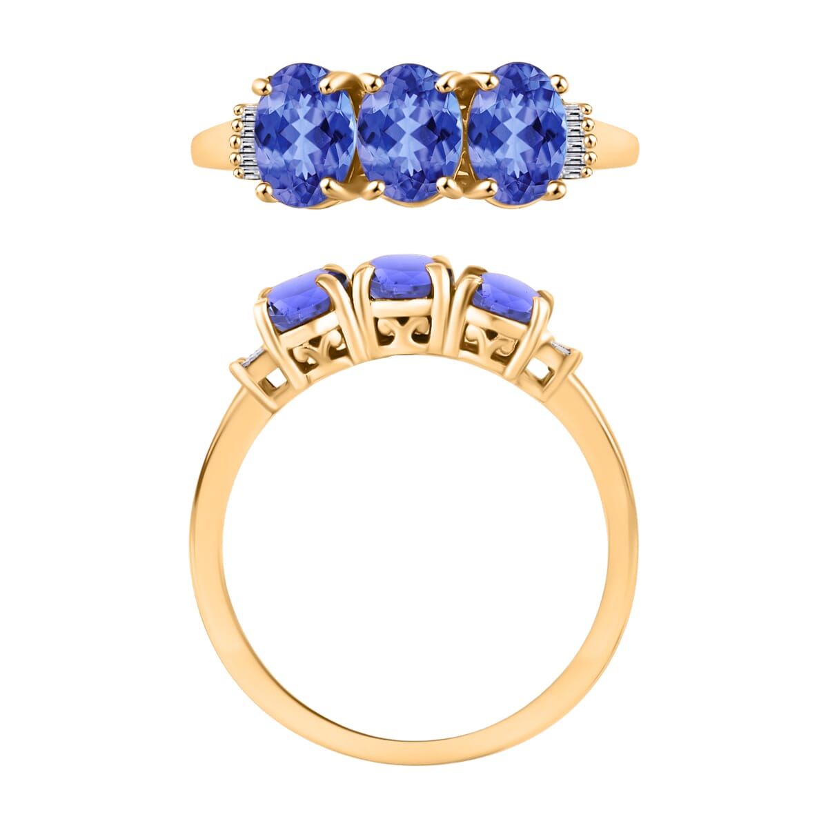 Premium Tanzanite and G-H I2 Diamond 2.50 ctw 3 Stone Ring in 14K Yellow Gold (Size  4.5) image number 3