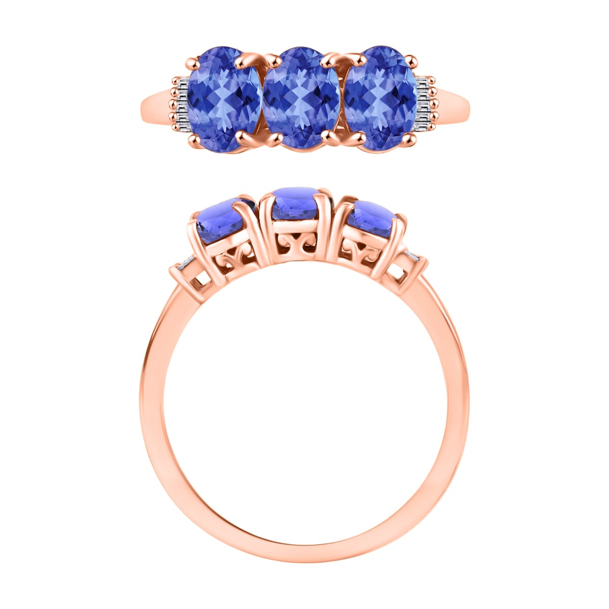 Premium Tanzanite and G-H I2 Diamond 2.50 ctw 3 Stone Ring in 14K Rose Gold (Size  5.0) image number 3