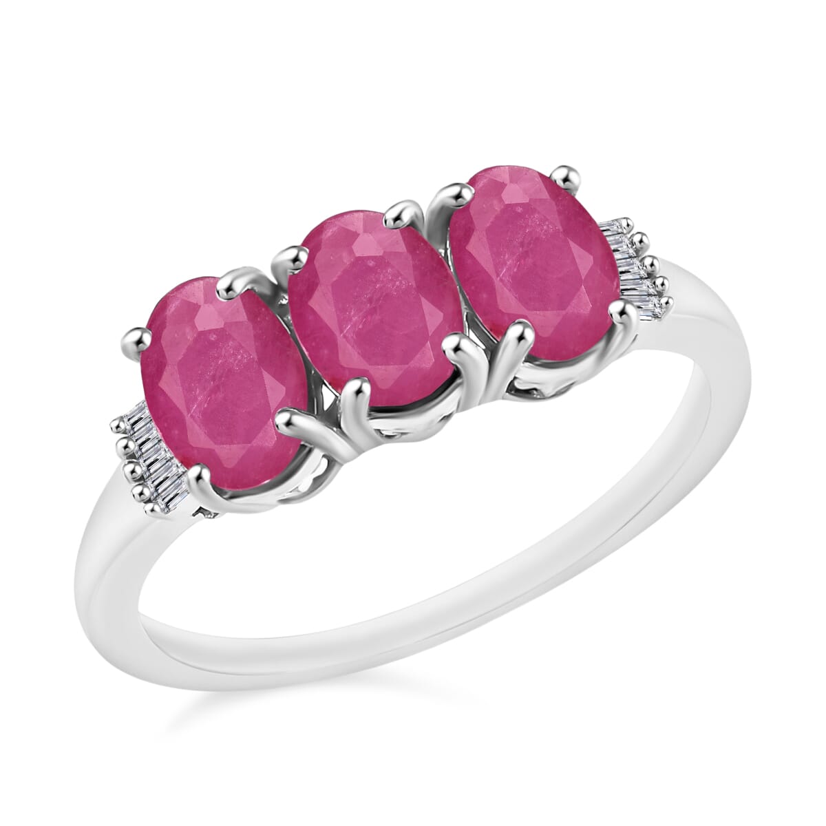 Mozambique Ruby and Diamond 3.07 ctw 3 Stone Ring in Platinum Over Sterling Silver (Size  4.0) image number 0
