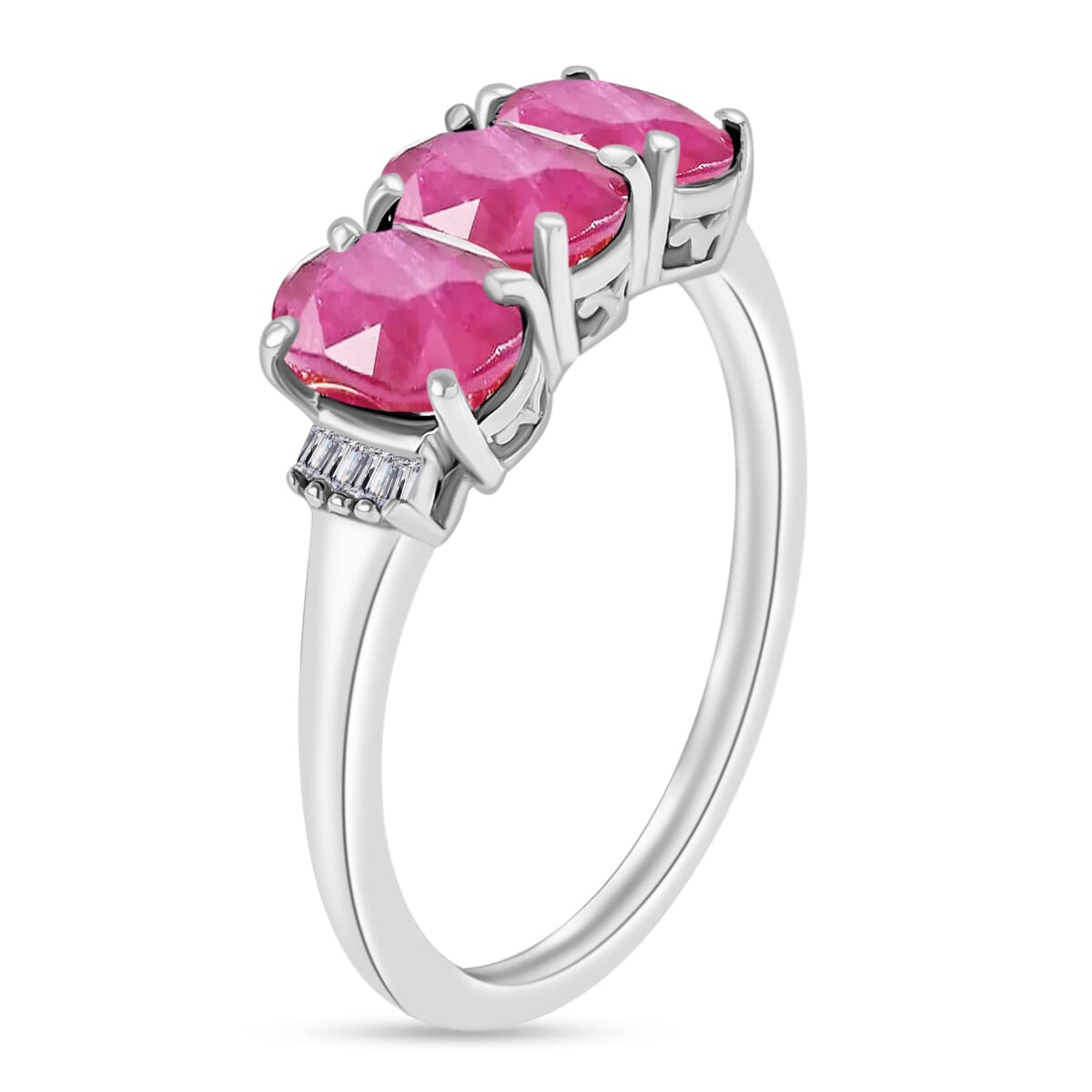 Mozambique Ruby and Diamond 3.07 ctw 3 Stone Ring in Platinum Over Sterling Silver (Size  4.0) image number 2