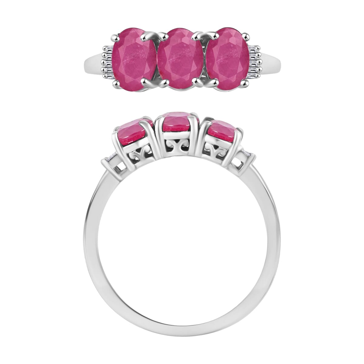 Mozambique Ruby and Diamond 3.07 ctw 3 Stone Ring in Platinum Over Sterling Silver (Size  4.0) image number 3