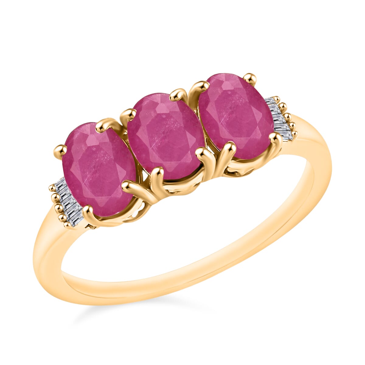 Mozambique Ruby and Diamond 3.07 ctw 3 Stone Ring in Vermeil Yellow Gold Over Sterling Silver (Size  6.5) image number 0