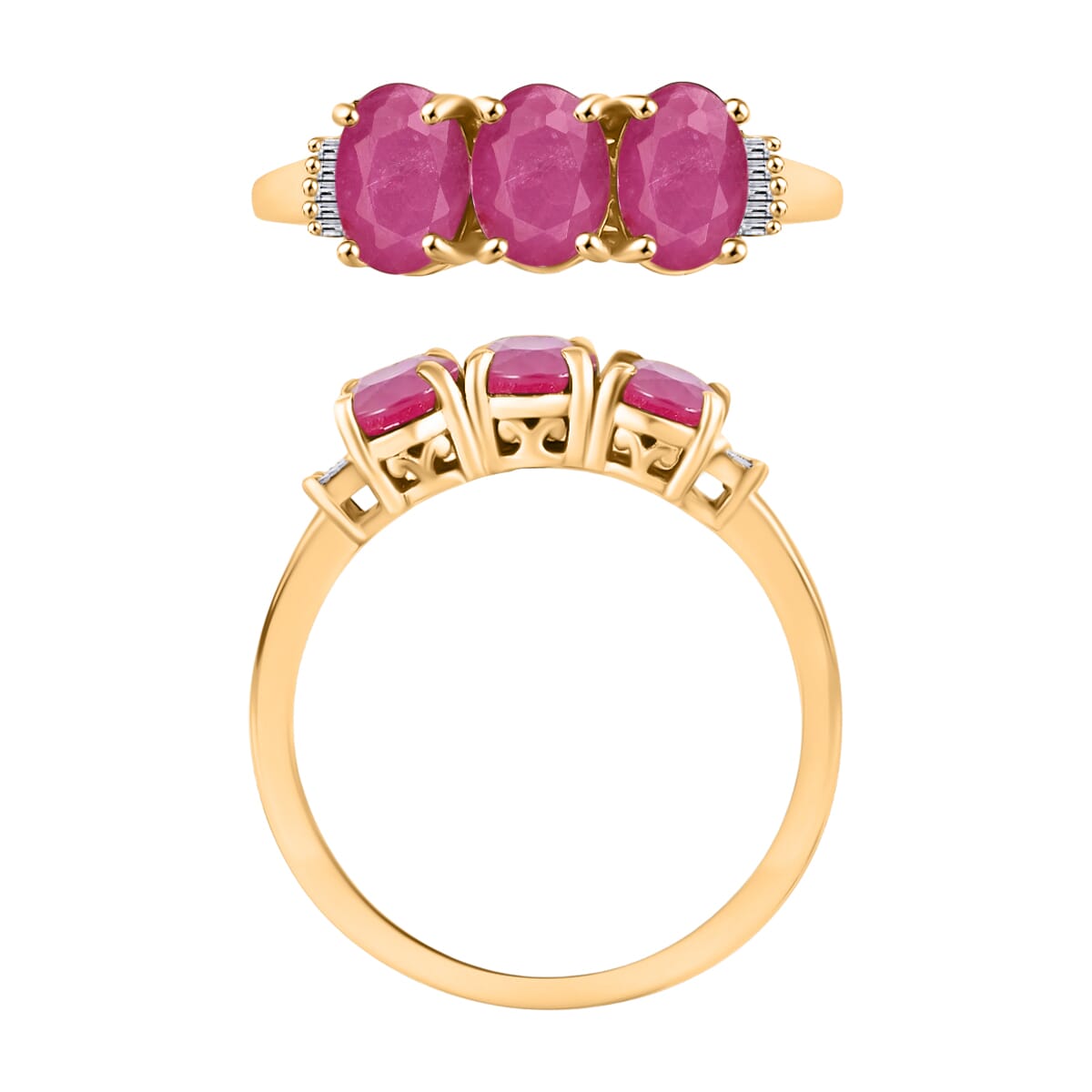 Mozambique Ruby and Diamond 3.07 ctw 3 Stone Ring in Vermeil Yellow Gold Over Sterling Silver (Size  6.5) image number 3
