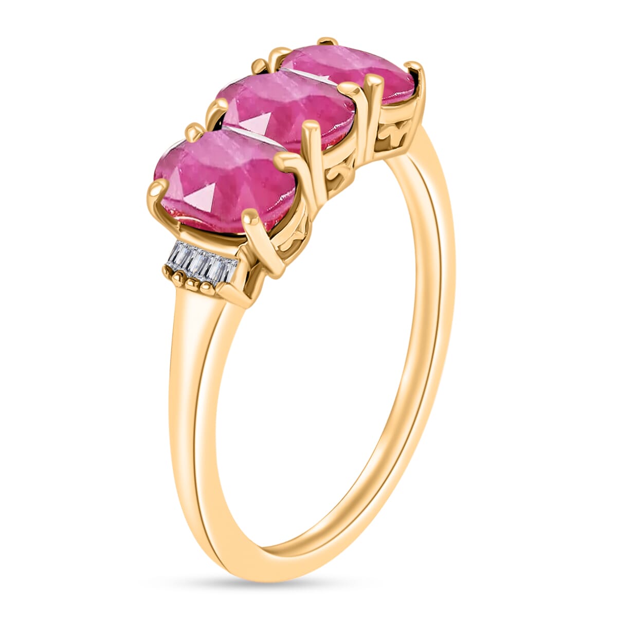 Mozambique Ruby and Diamond 3.07 ctw 3 Stone Ring in Vermeil Yellow Gold Over Sterling Silver (Size  8.0) image number 2