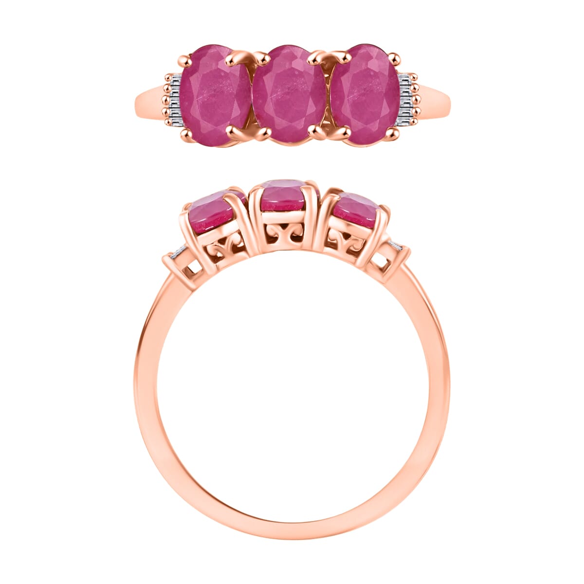 Mozambique Ruby and Diamond 3.07 ctw 3 Stone Ring in Vermeil Rose Gold Over Sterling Silver (Size  7) 3. image number 3