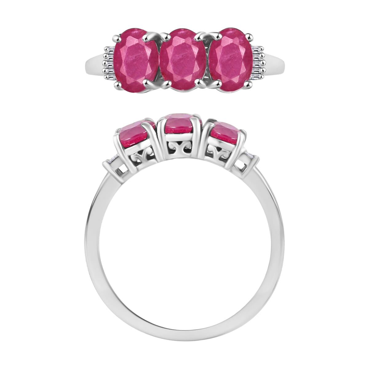 Luxoro Premium Mozambique Ruby and G-H I2 Diamond 3.07 ctw 3 Stone Ring in 14K White Gold (Size  6.5) image number 3