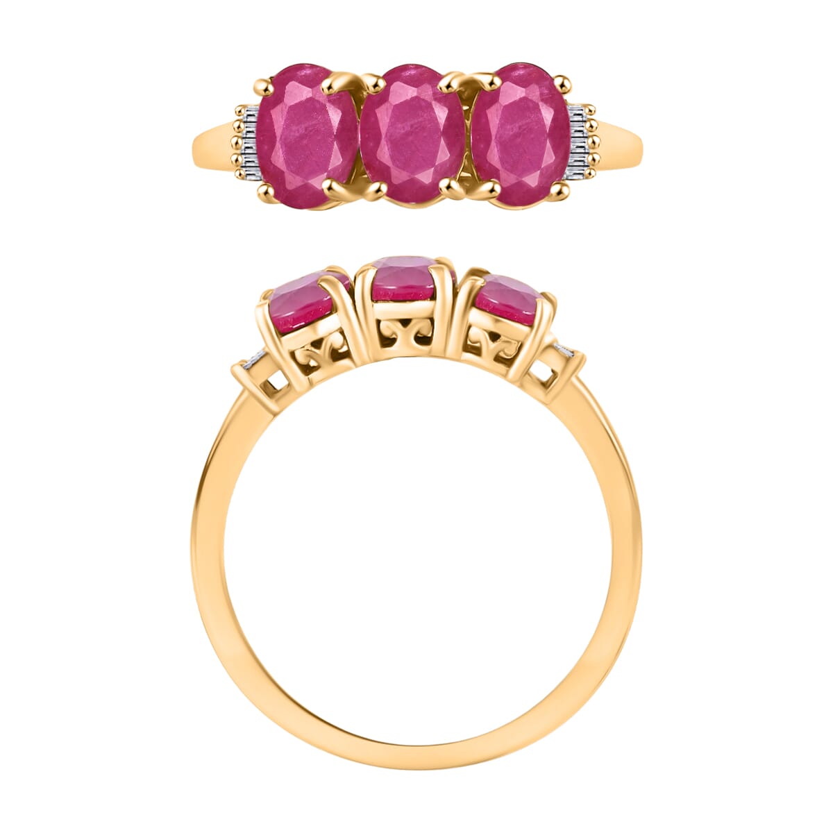 Luxoro Premium Mozambique Ruby and G-H I2 Diamond 3.07 ctw 3 Stone Ring in 14K Yellow Gold (Size  9.0) image number 3