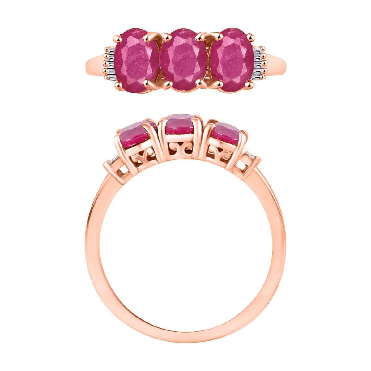 Luxoro Premium Mozambique Ruby and G-H I2 Diamond 3.07 ctw 3 Stone Ring in 14K Rose Gold (Size  6.0) image number 3