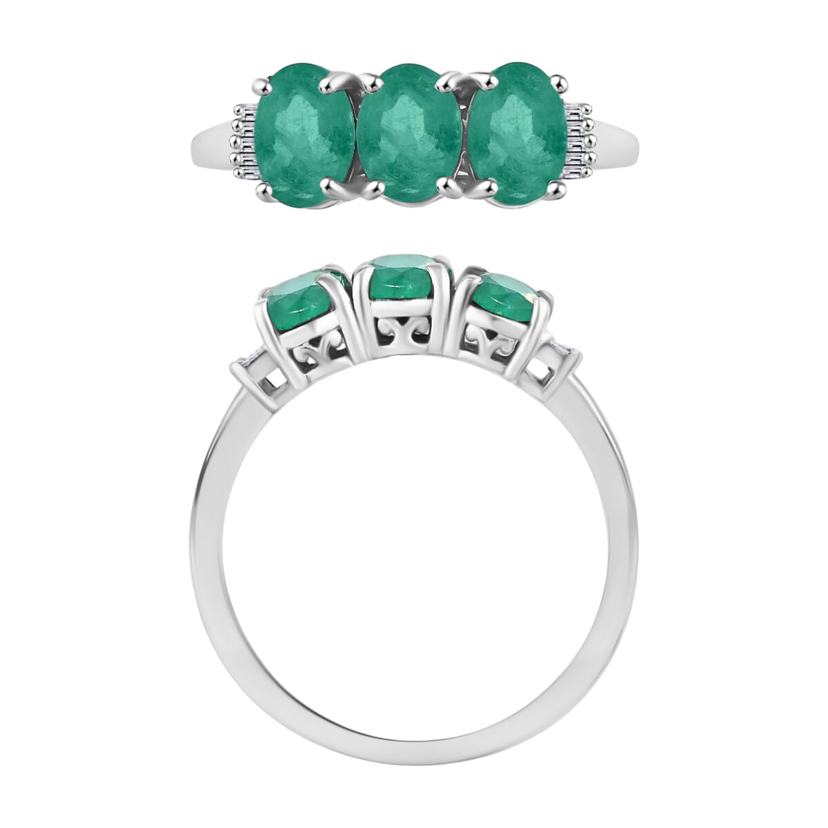Kagem Zambian Emerald and Diamond 2.53 ctw 3 Stone Ring in Platinum Over Sterling Silver (Size  9.0) image number 3