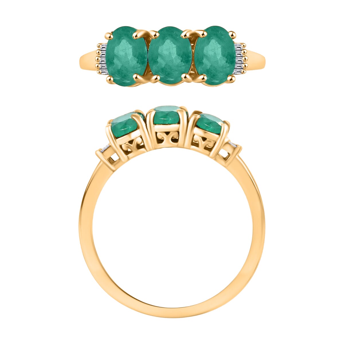 Kagem Zambian Emerald and Diamond 2.53 ctw 3 Stone Ring in Vermeil Yellow Gold Over Sterling Silver (Size  11.5) image number 3