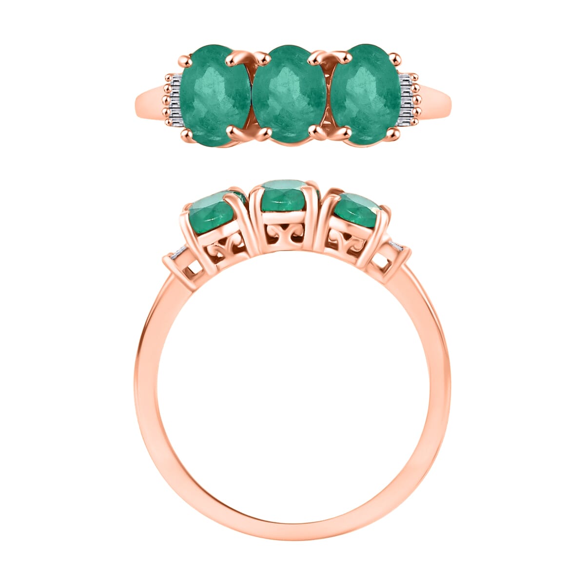 Kagem Zambian Emerald and Diamond 2.53 ctw 3 Stone Ring in Vermeil Rose Gold Over Sterling Silver (Size  7.5) image number 3