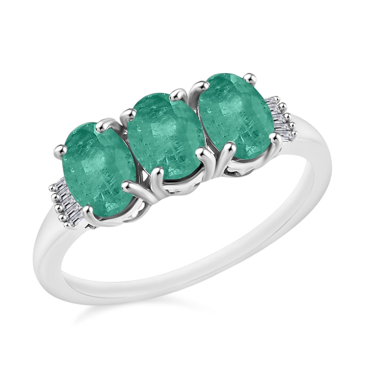 Luxoro Premium Kagem Zambian Emerald and G-H I2 Diamond 2.53 ctw 3 Stone Ring in 14K White Gold (Size  10.0) image number 0
