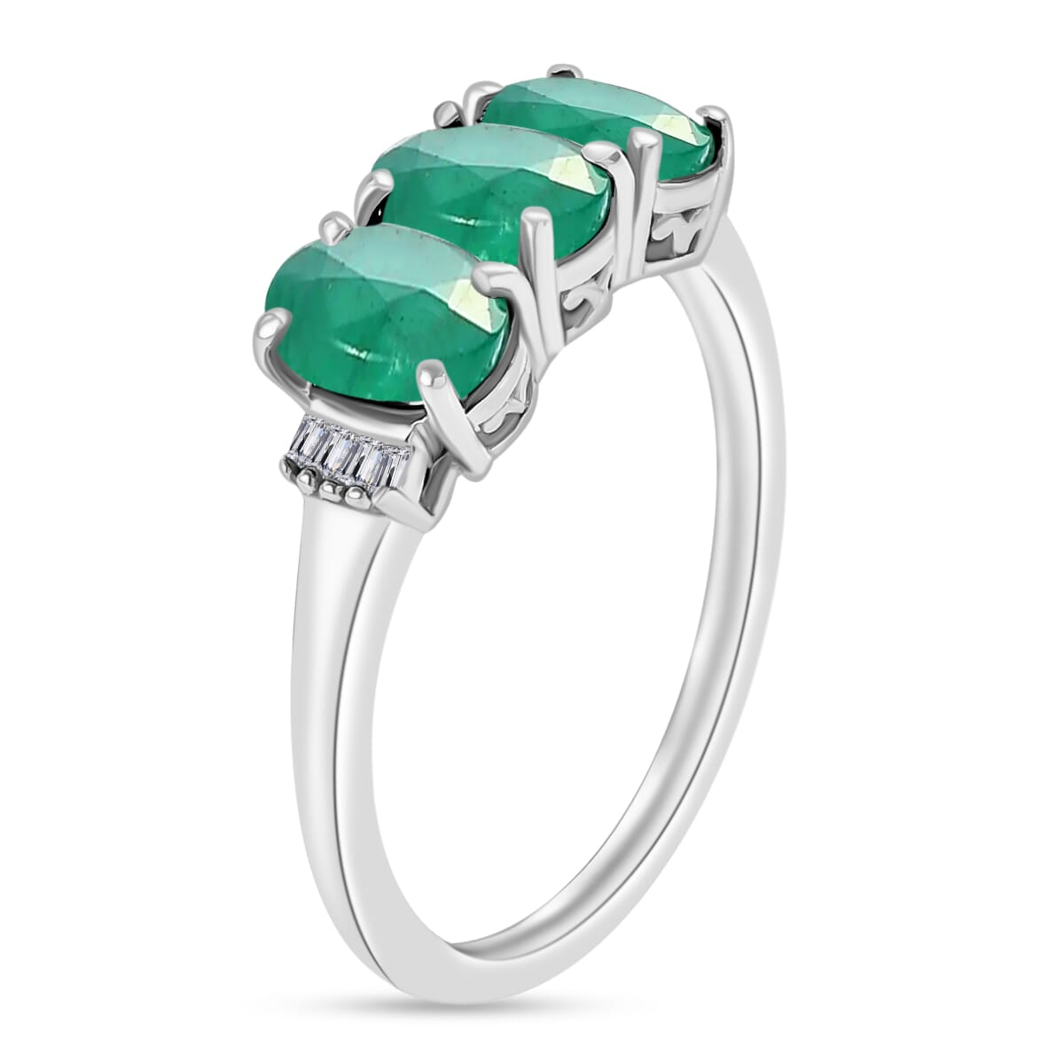 Luxoro Premium Kagem Zambian Emerald and G-H I2 Diamond 2.53 ctw 3 Stone Ring in 14K White Gold (Size  10.0) image number 2