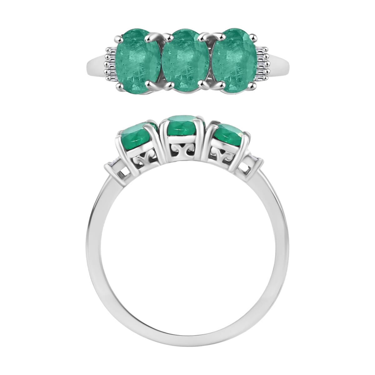 Luxoro Premium Kagem Zambian Emerald and G-H I2 Diamond 2.53 ctw 3 Stone Ring in 14K White Gold (Size  10.0) image number 3